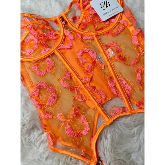Honey Birdette SOLIS🧡 Bright Orange & Pink Floral Embroidered Bustier 32DDD - Picture 3 of 4